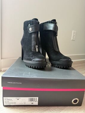 Vince Camuto Black Suede Lug Sole Ankle Booties with Strap